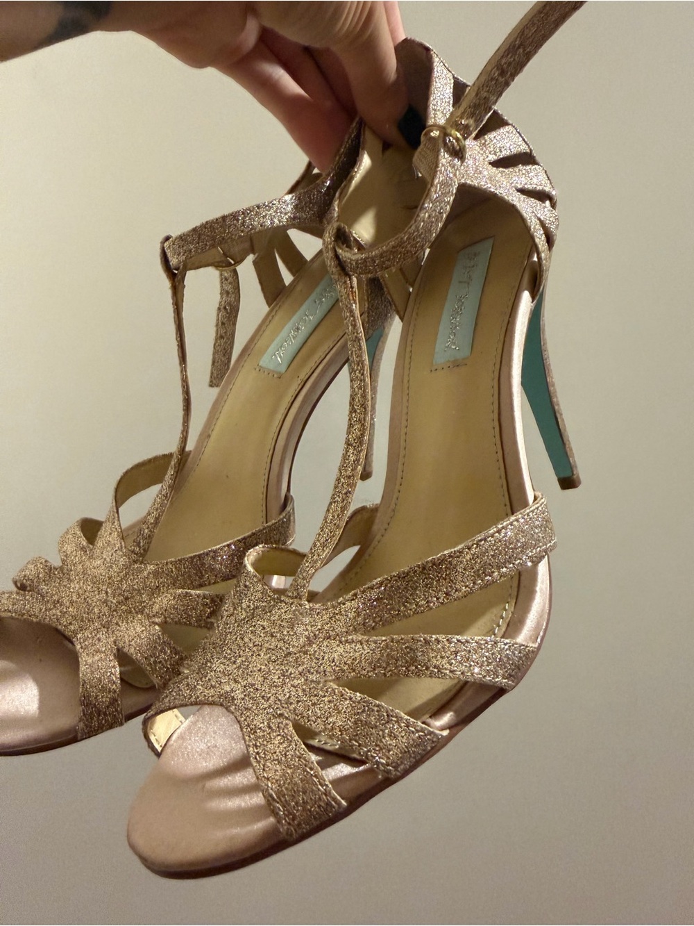 Betsey Johnson Rose Gold Glitter T-Strap High Heel Sandals